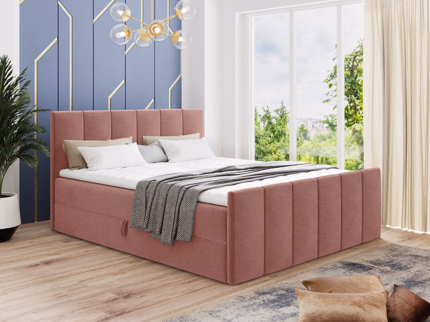 Letto boxspring Star Lux con pediera, 2 cassetti e coprimaterasso - Letto matrimoniale con coprimaterasso, materasso Bonell, letto imbottito, letto (rosa (Kronos 29), 160 x 200 cm)