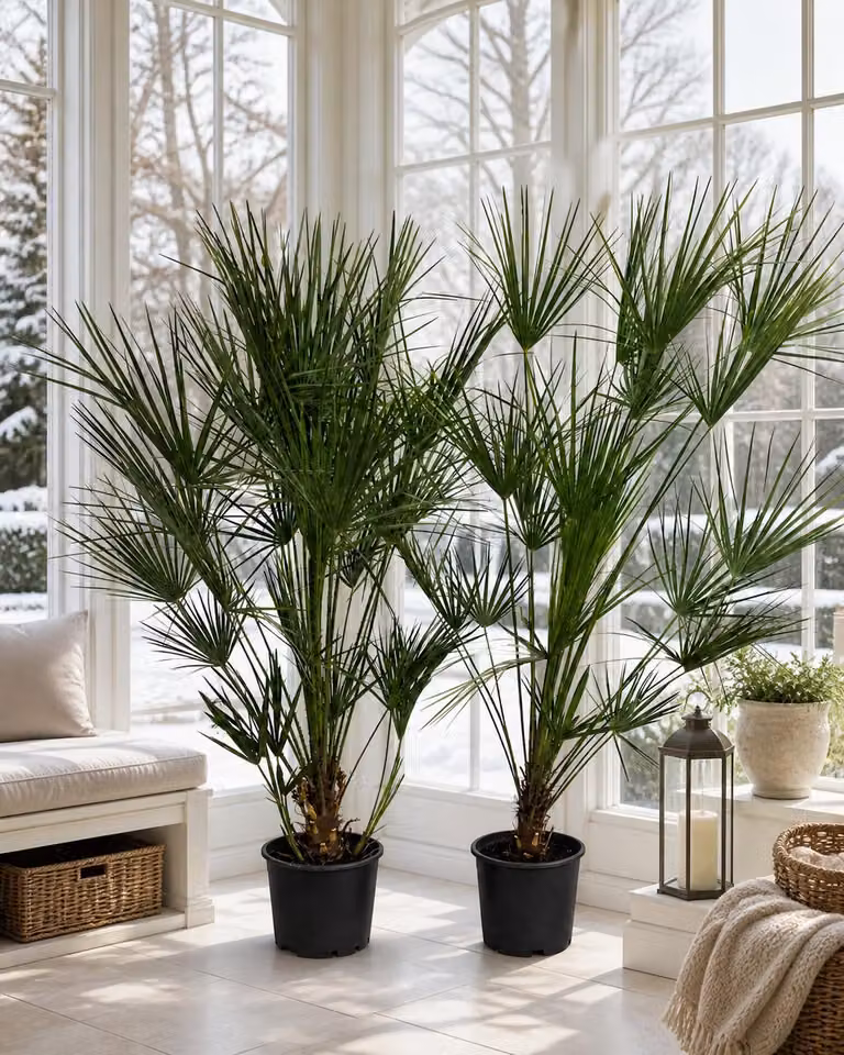 2 palme nane da 160–200 cm – Chamaerops humilis, palma a ventaglio resistente al freddo, pianta mediterranea da giardino e terrazzo