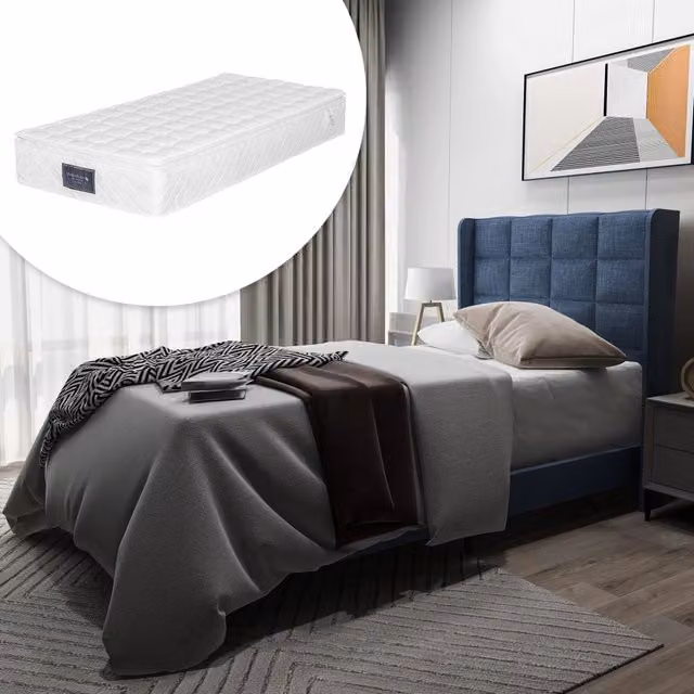 Letto imbottito REDOM in lino blu con materasso incluso e rete a doghe L/P: 90 x 200 cm – 1