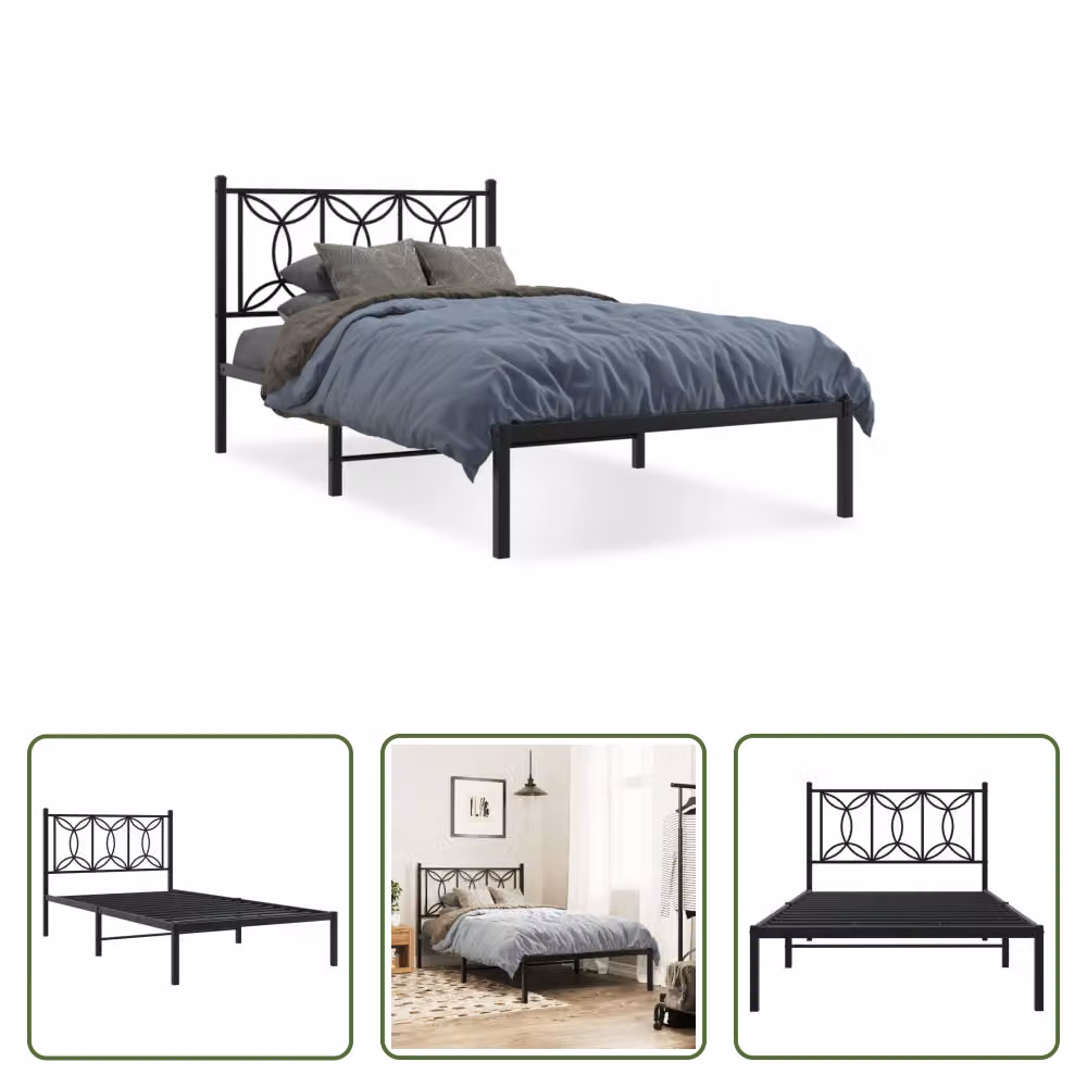 The Living Store Struttura letto con testiera in metallo nero 100x200 cm