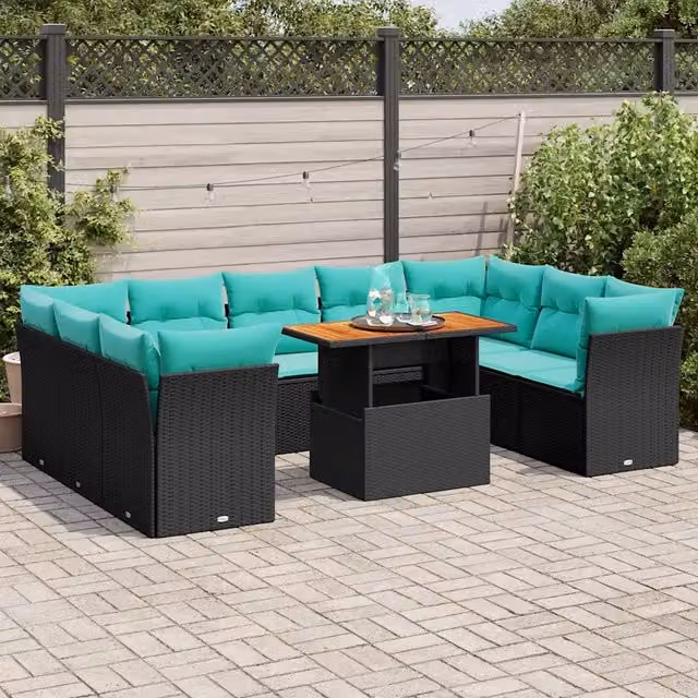 Set Divani da Giardino 10pz con Cuscini in Polyrattan Nero 3326969