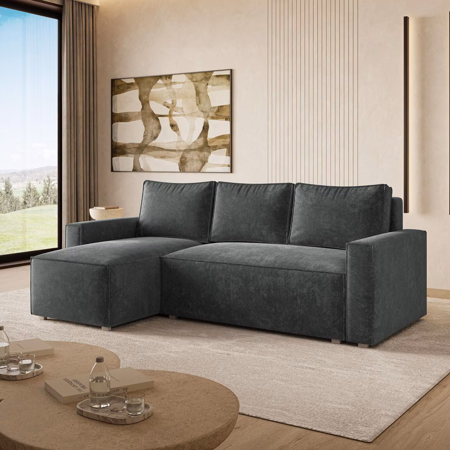 Divano ad angolo Masseno POTARO LM con funzione letto a L, divano con contenitore, divano da salotto, divano, divano letto, set divani - Grigio, LUMO 75
