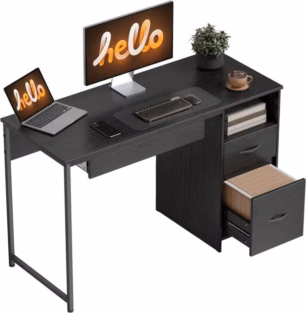 Scrivania Moderna Minimal con Cassetti e Ripiani Aperti, Nero, Legno e Acciaio, L: 120 cm, P: 52.3 cm, H: 76 cm