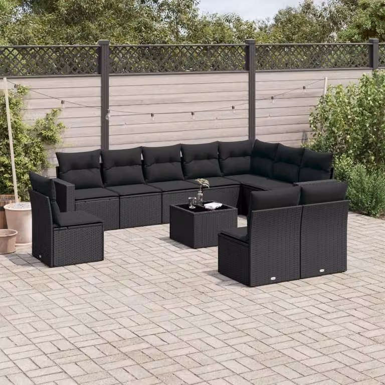 vidaXL Set Divani da Giardino 11 pz a Forma a L con Cuscini e Tavolino da Esterno Nero