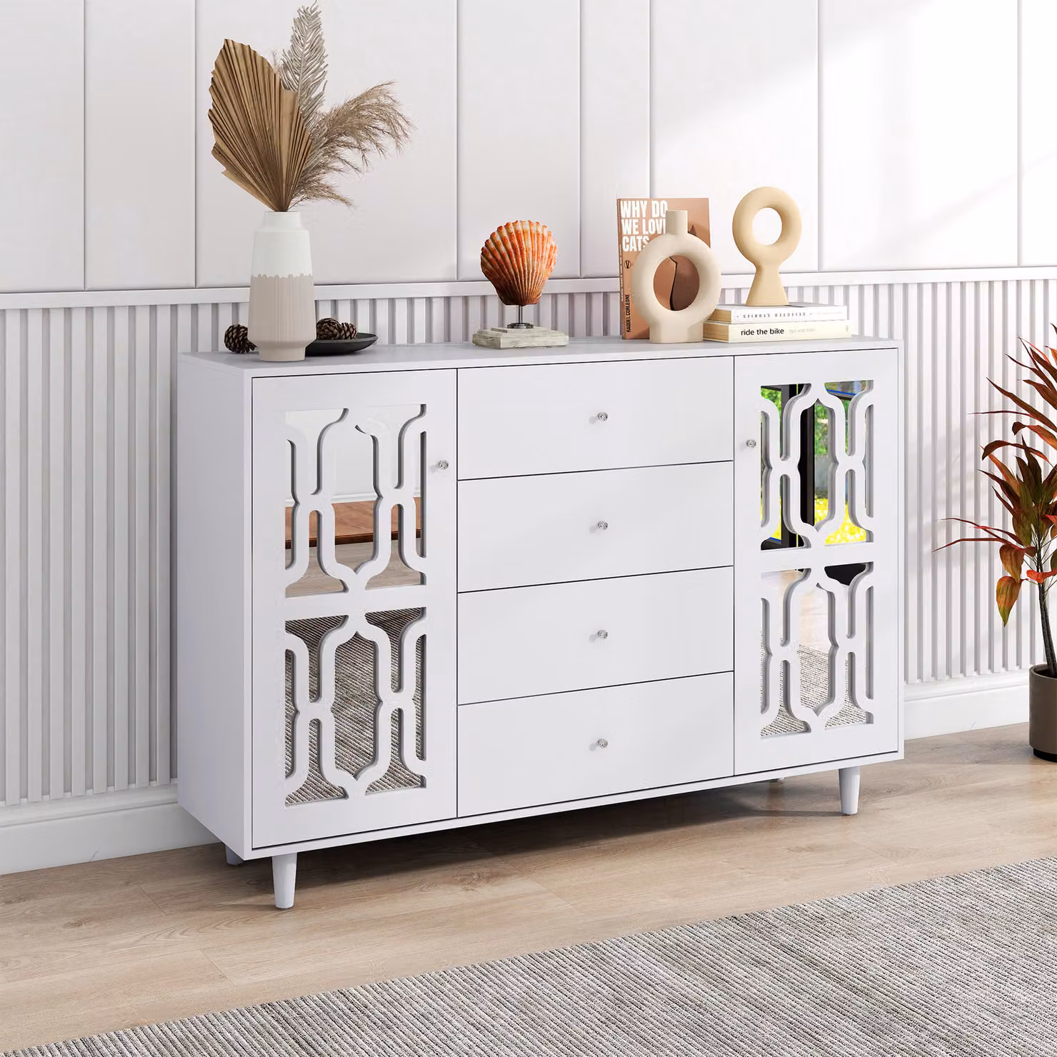 okwish Credenza bianca a specchio con eleganti maniglie in cristallo per soggiorno e sala da pranzo, 147,5 x 40 x 102 cm