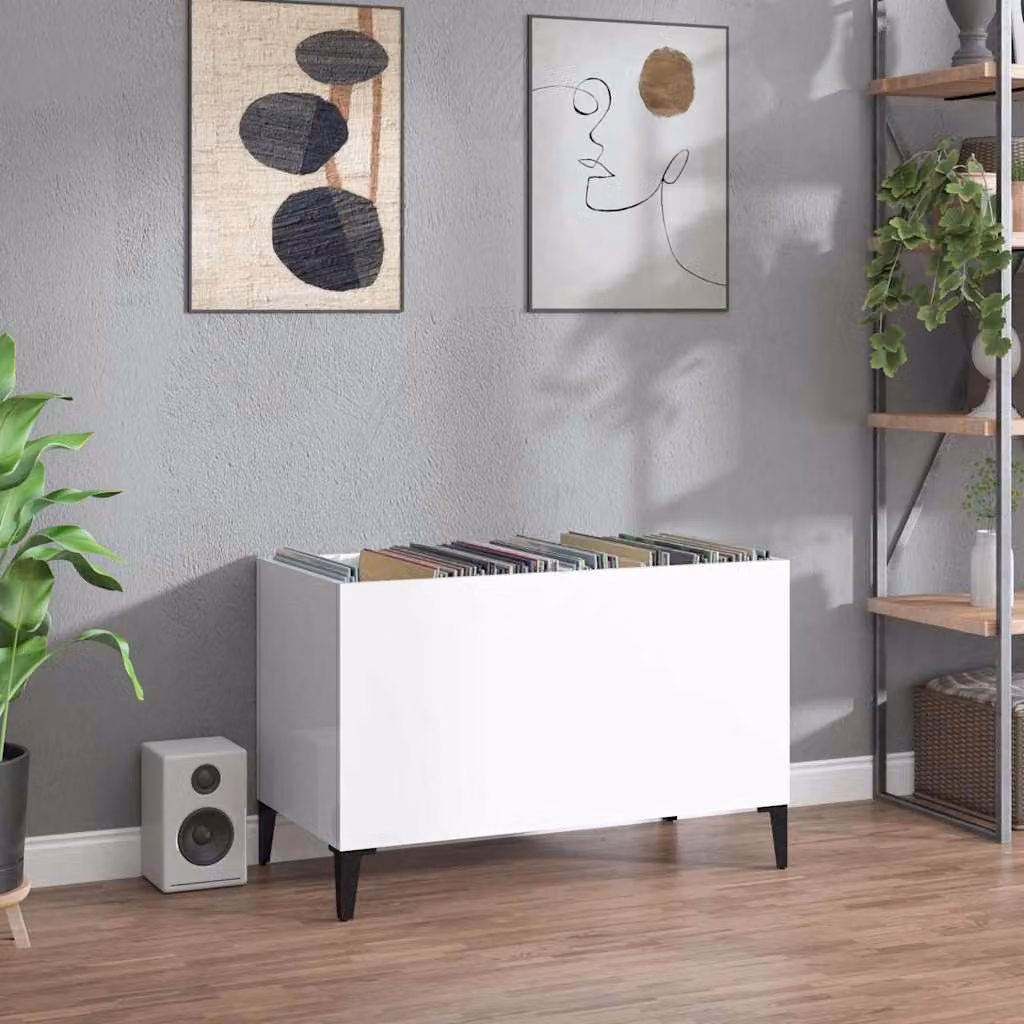 vidaXL Mobile Porta Dischi Bianco Lucido in Legno Multistrato L: 74,5 cm, P: 38 cm, H: 48 cm