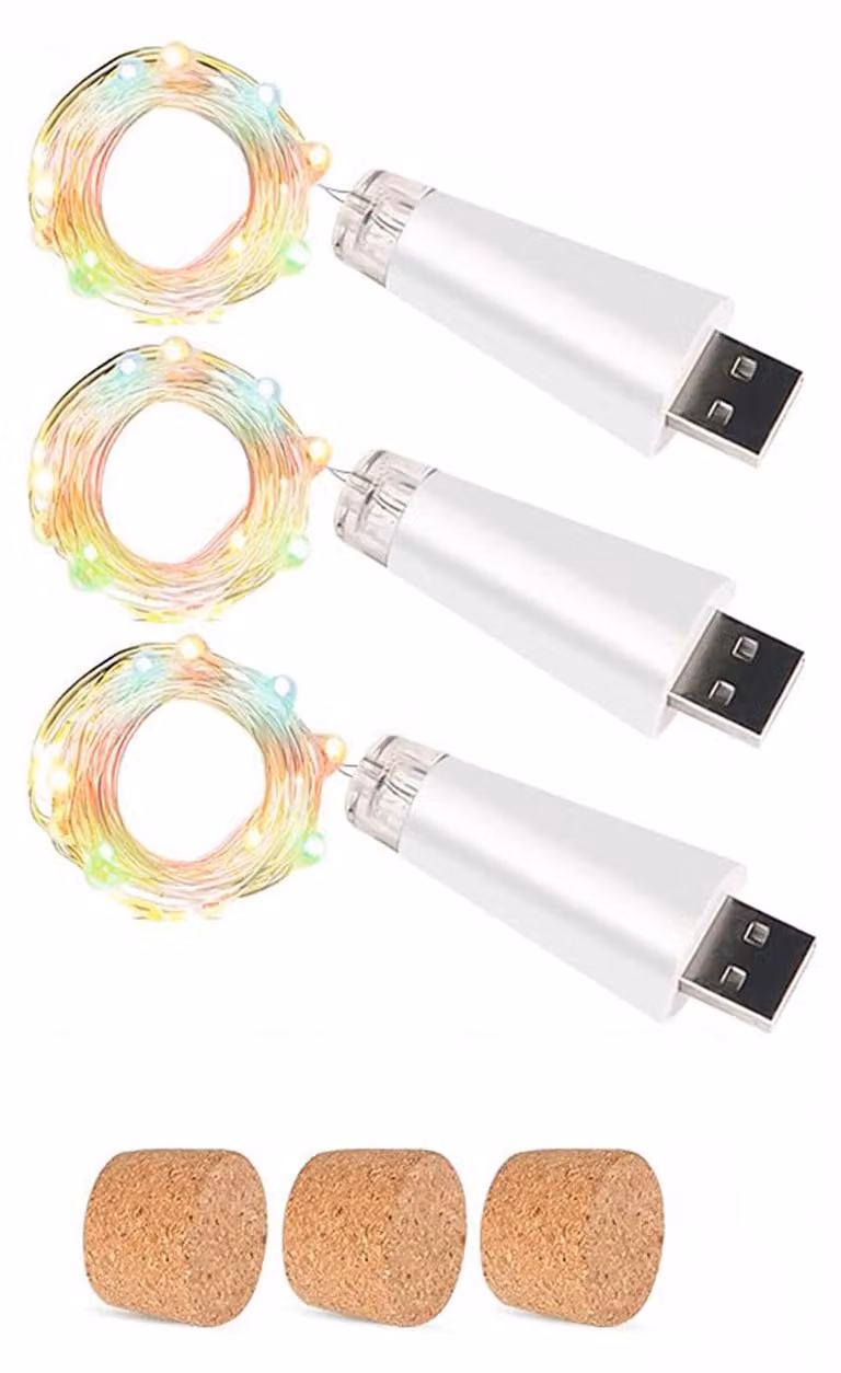 Lampada a LED con base in sughero, ricaricabile tramite USB, con 15 luci a filo di rame, lunghezza totale di 152 cm (59 pollici)