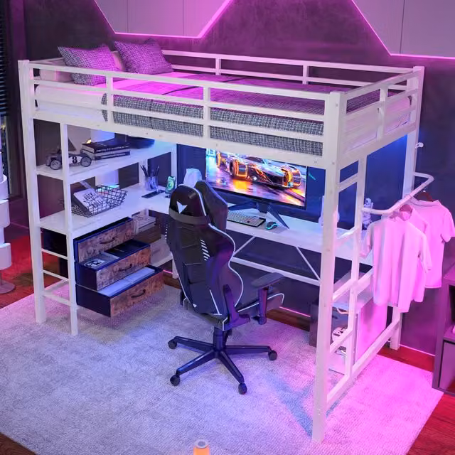 Letto a soppalco singolo WISHDOR bianco con scrivania, luci LED, prese USB, 3 cassetti e scala, L/P/H: 204.5 x 90 x 180.5 cm