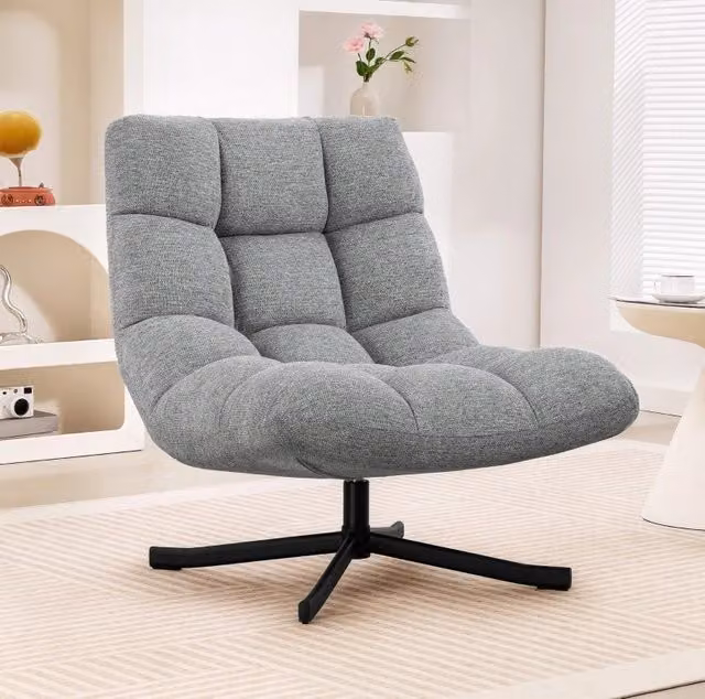 Poltrona girevole 95x75x90 cm grigia, seduta ampia 75 cm in poliestere, piedi in acciaio,