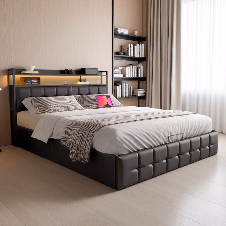 Letto imbottito INONEFT, 140x190 cm, letto matrimoniale con spazio contenitore ad apertura idraulica, letto per ragazzi con illuminazione LED e prese USB, rivestito in ecopelle nera, senza materasso