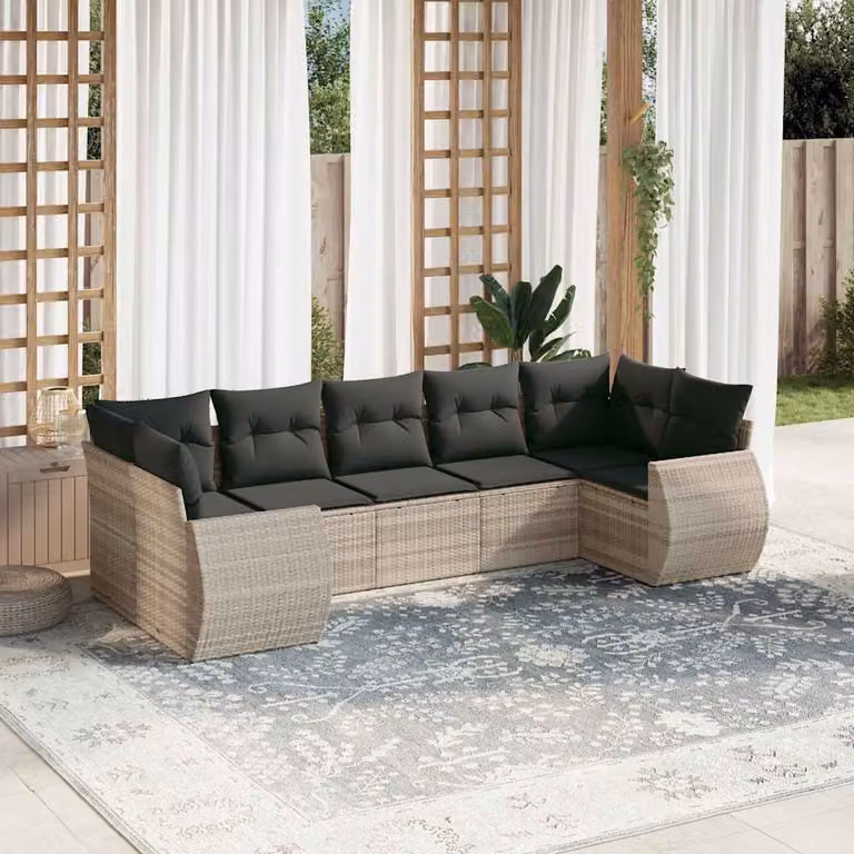 Set Divani da Giardino vidaXL 7pz a Forma di L con Cuscini Grigio con Struttura in Metallo e Polyrattan