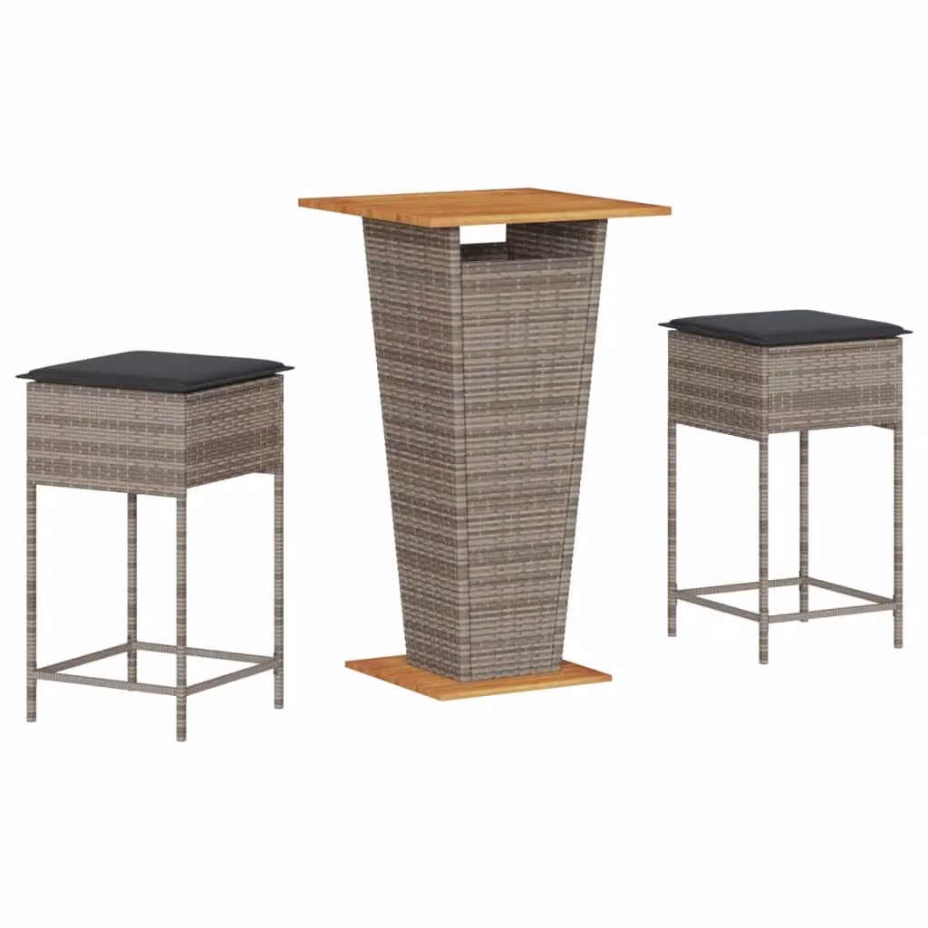 set bar da giardino 3 pezzi con cuscini in poly rattan grigio