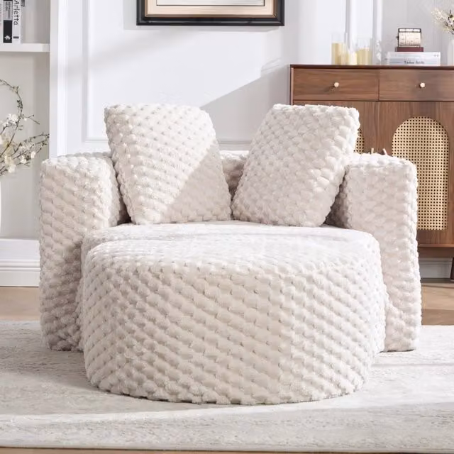 Poltrona in tessuto beige 129x116x65 cm con pouf; senza montaggio