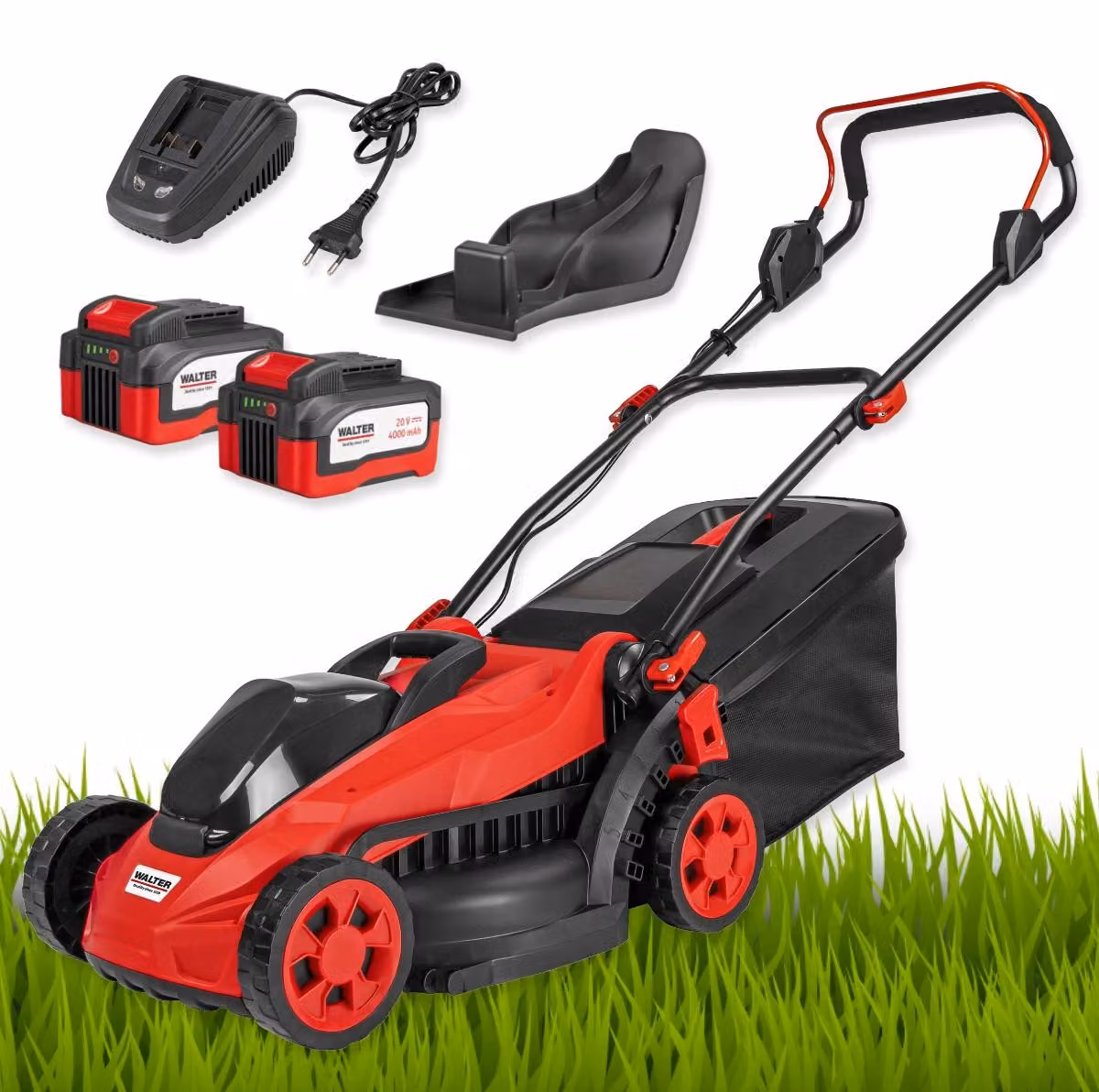 Tosaerba a batteria WALTER 20V Brushless, 2 batterie Li-Ion da 4,0 Ah e caricabatteria rapido, larghezza di taglio 33 cm, 5 livelli di regolazione dell'altezza di taglio 25-65 mm, cesto di raccolta da 35 l, funzione mulching, senza fili, per giardini di p
