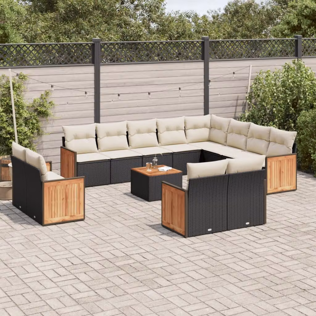 Set di divani da giardino vidaXL in polyrattan nero con cuscini e tavolino da esterno a forma di U – 1