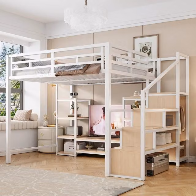 Letto a soppalco MIVRAY bianco con supporto TV, scala contenitore e porta USB, L/P/H: 140 x 200 cm