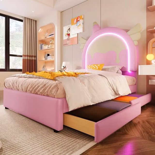 Letto singolo Unicorn 90x200cm con striscia luminosa e 2 cassetti in PU rosa