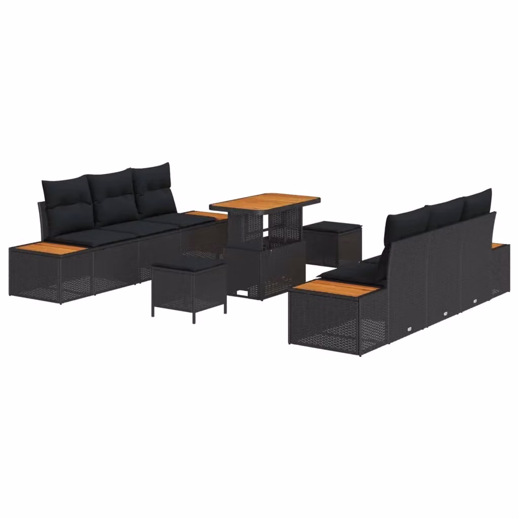 vidaXL Set Divano da Giardino a Forma di U in Rattan Nero con Cuscini e Tavolino da Esterno per 8-9 Persone – 2