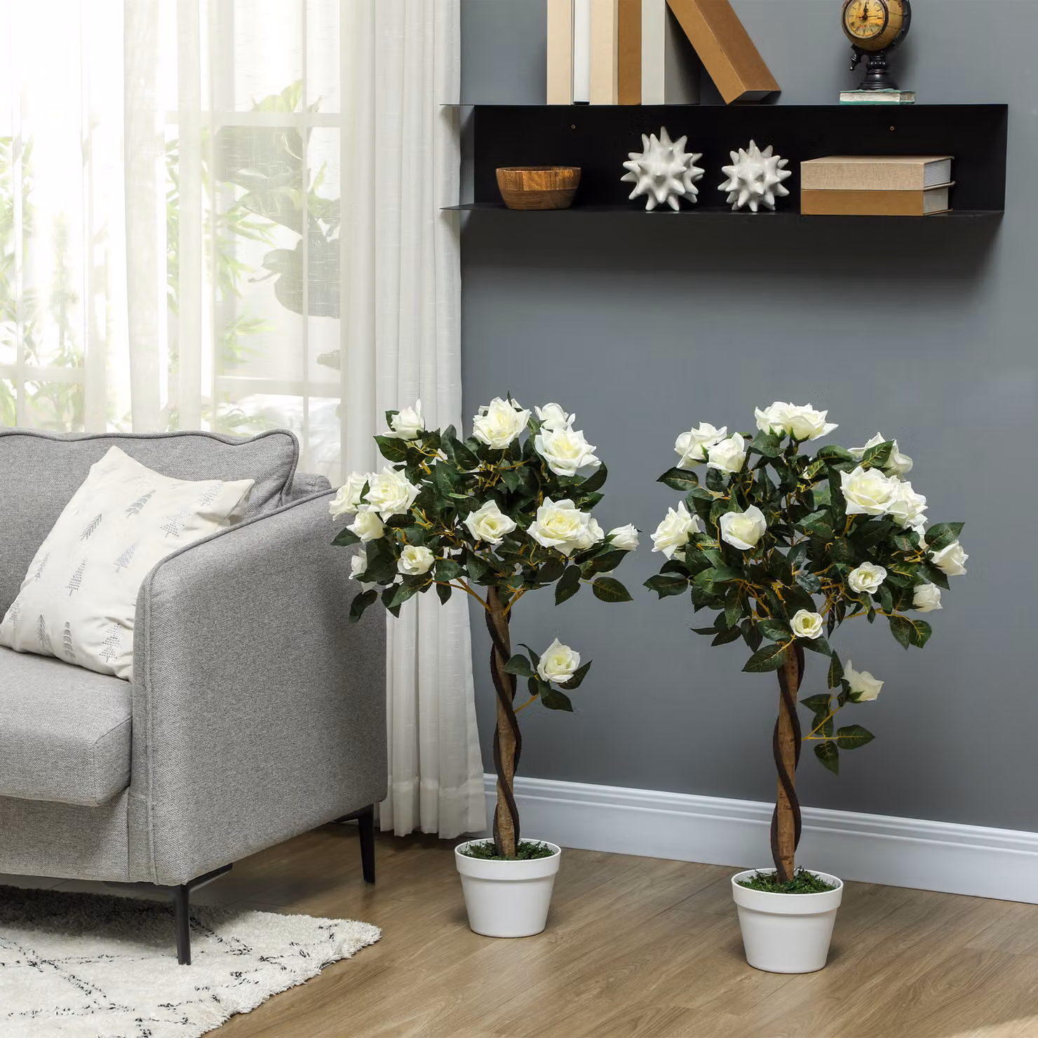 Pianta finta di rose Outsunny con 21 fiori e vaso in cemento, Bianco, Ø18 x H 90 cm – 2