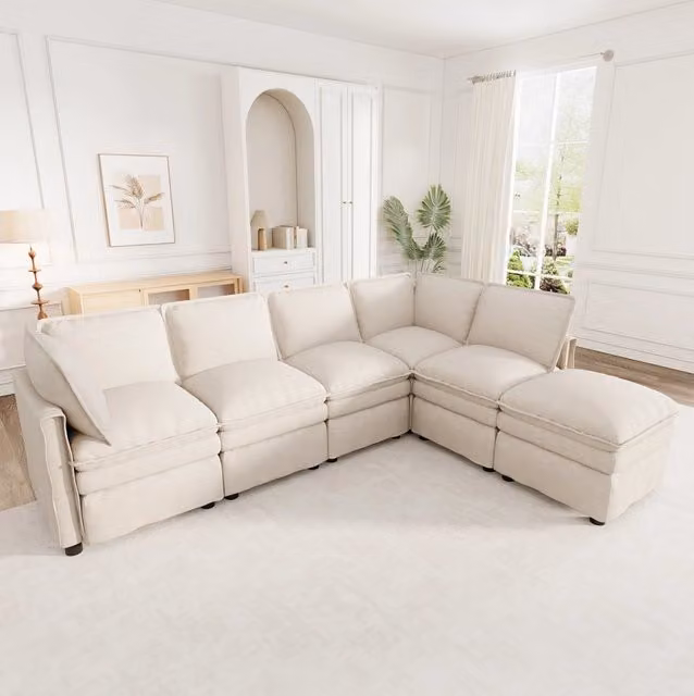 Divano modulare L MODFU beige con funzione letto e pouf coordinato, L/P/H: 344 x 127 x 91 cm