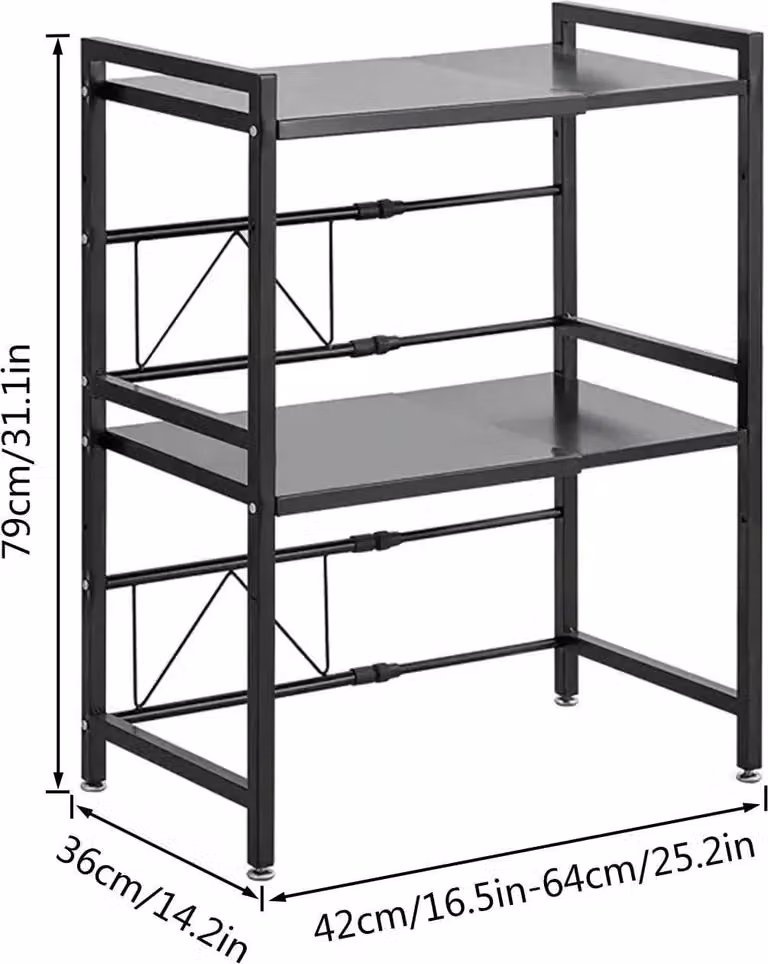 Ripiano per microonde - Scaffale a colonna per cucina, dimensioni XL - Estensibile da 40 a 64 cm - 3 ripiani - 6 ganci - Acciaio - Nero