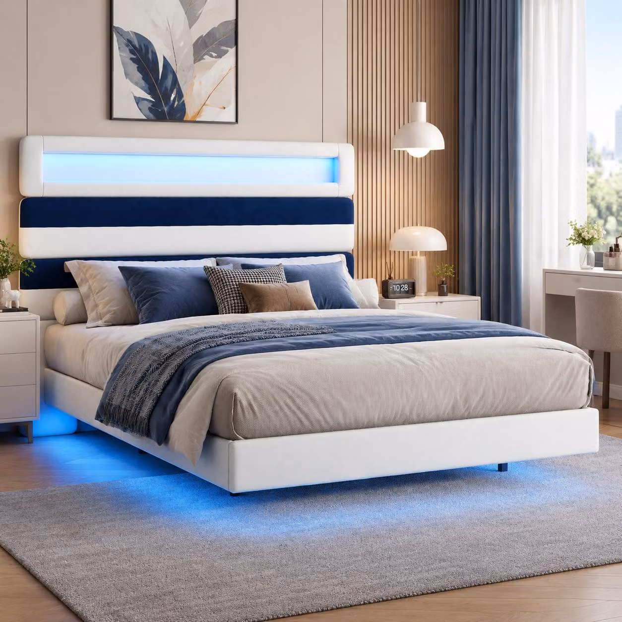 INONEFT, letto sospeso 140 x 190 cm, letto imbottito con USB e LED, letto per adulti con rete a doghe e testiera a righe, letto matrimoniale, beige e blu