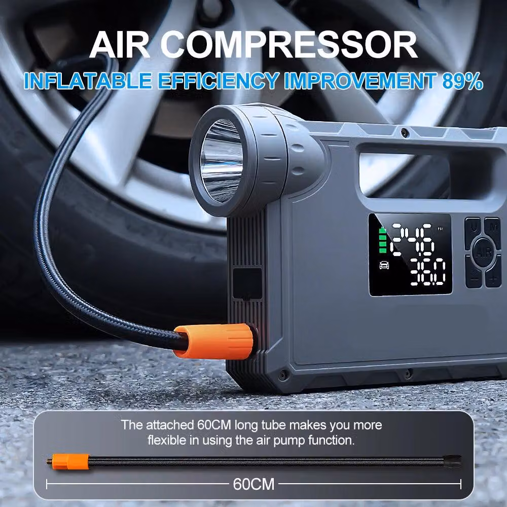 Avviatore di emergenza per auto con compressore d'aria - Power bank da 1000A - Booster da 12V - Torcia e pompa - Colore nero