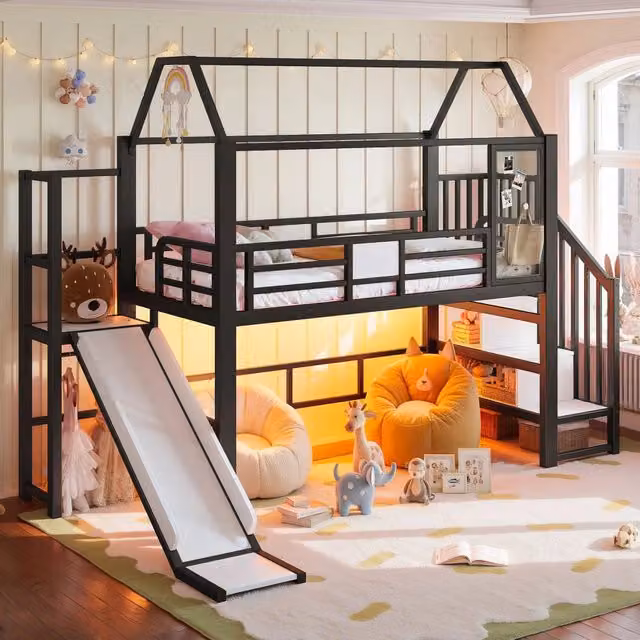 Letto a soppalco 90 x 200 cm, struttura in metallo, a forma di casetta, con scivolo, vano portaoggetti, illuminazione a LED, nero