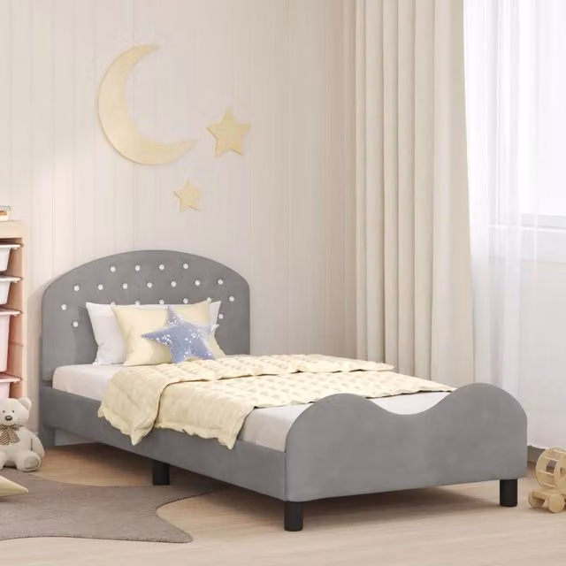 Struttura letto per bambini con testata e giroletto in tessuto velvet grigio chiaro L/P/H: 190 x 90 x 85 cm