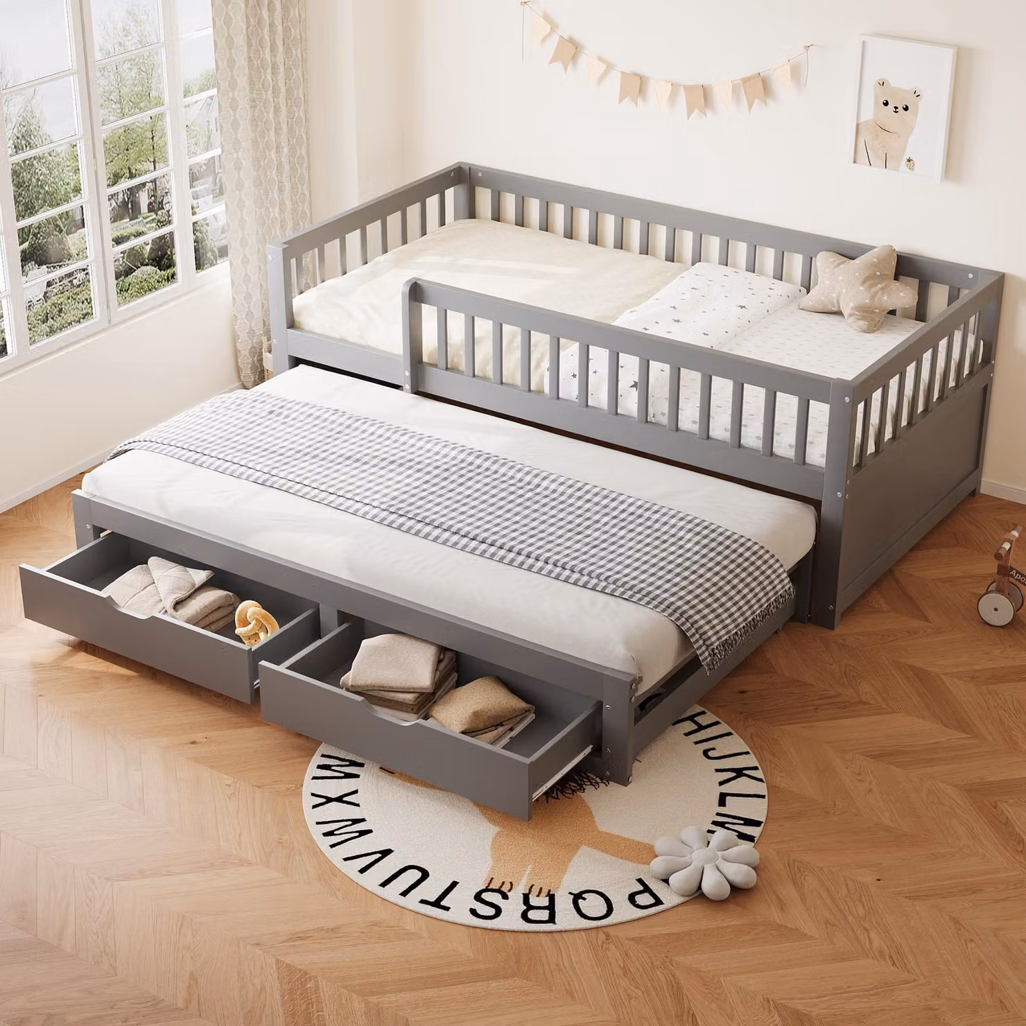 STILVORA Divano letto per bambini 90×200 con 2 cassetti, letto per ragazzi Letto da giorno allungabile con rete a doghe, letto contenitore Letto per ospiti, grigio, senza materasso
