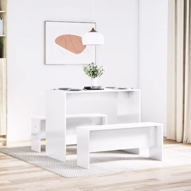 Set Tavolo da Pranzo e 2 Panche vidaXL Bianco Lucido in MDF e Truciolato