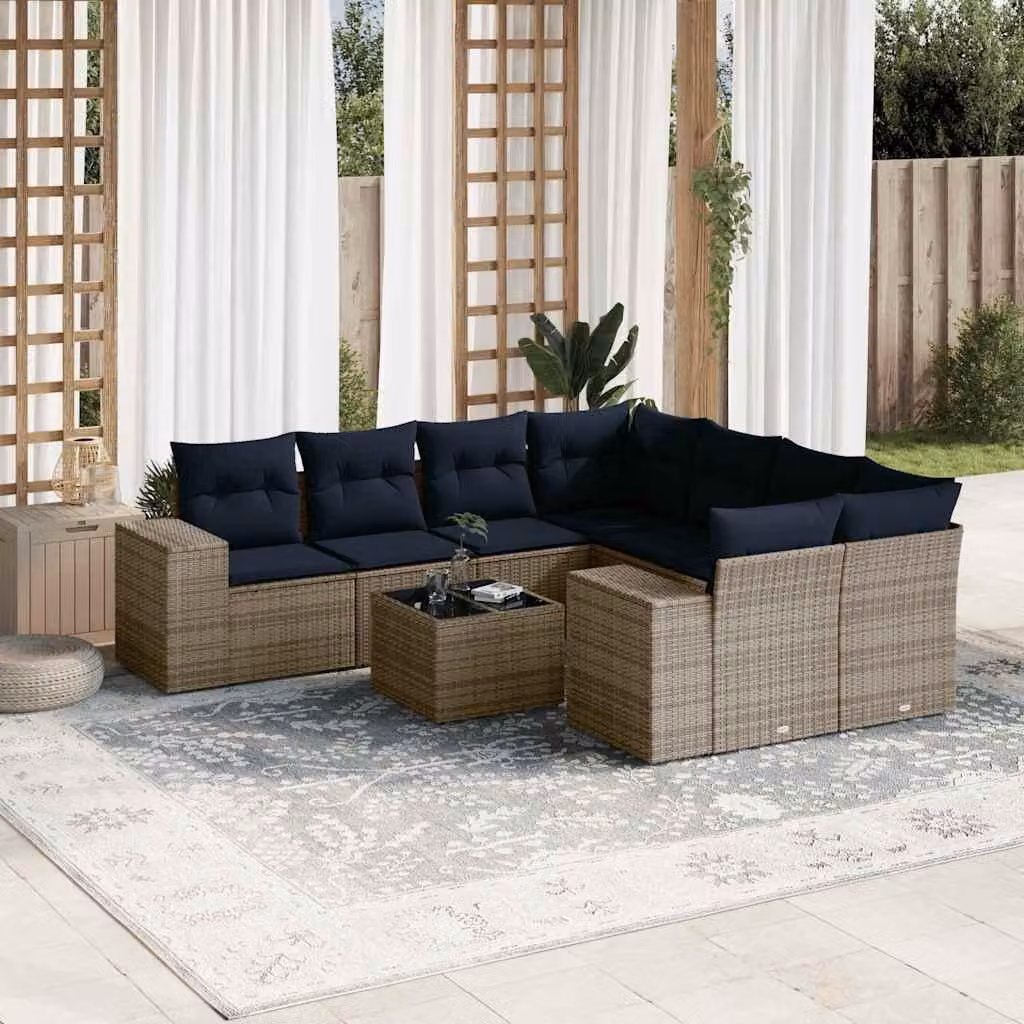 Maison Exclusive - Set di 9 pezzi per giardino con cuscini, grigio, polyrattan