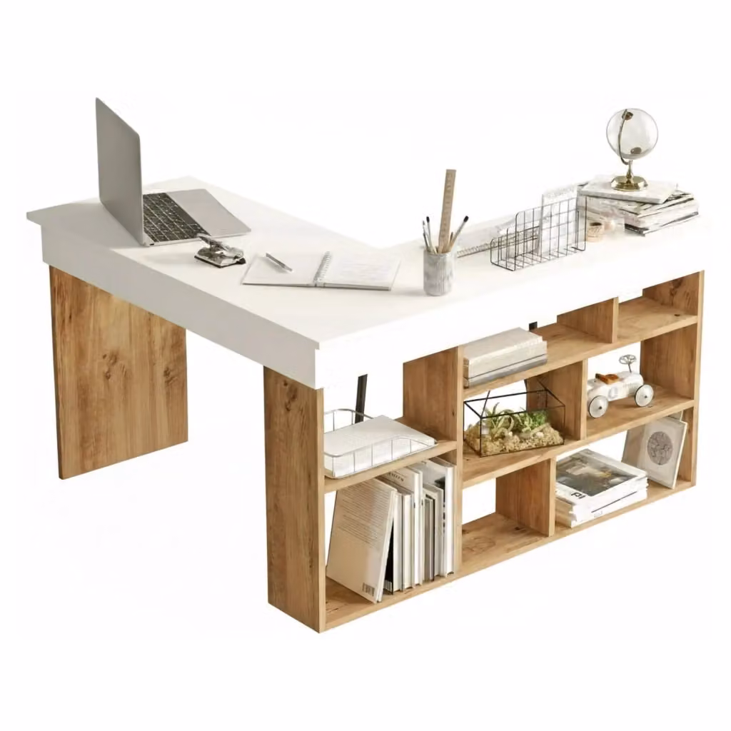 Scrivania DMORA moderna per ufficio e casa, piano di lavoro in MDF laminato, L: 120 cm, H: 72 cm, Colore Rovere e Bianco – 2