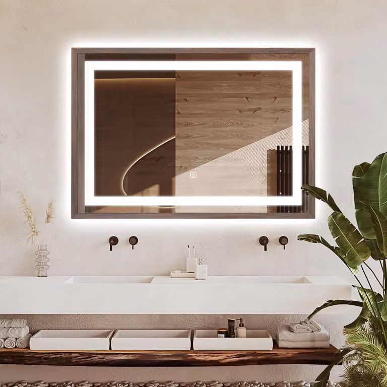 Specchio a LED, dimensioni 70x100 cm, legno noce scuro, 6000 K, design moderno