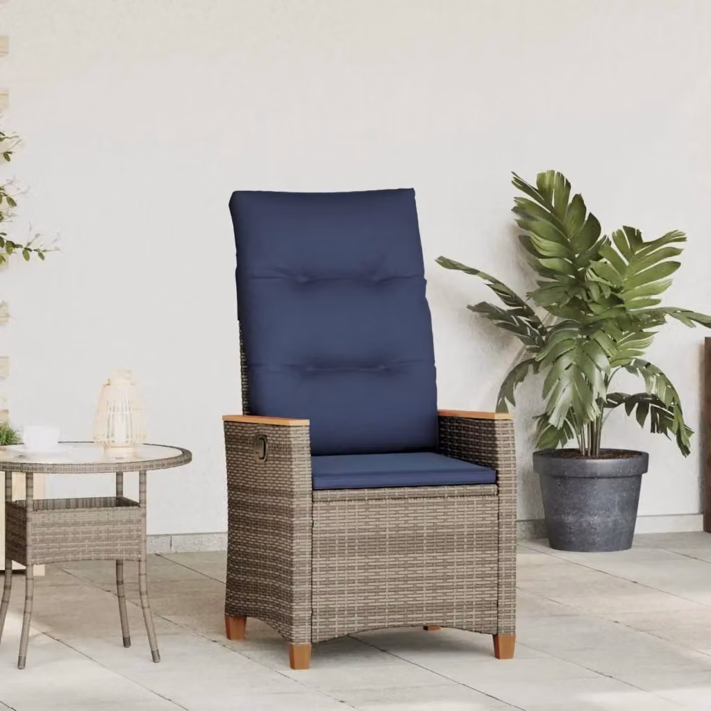 Sedia da giardino moderna in rattan e legno di acacia con braccioli, colori grigio e blu – 2