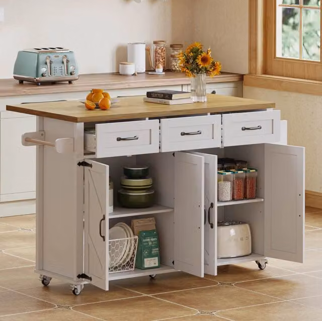 Isola da cucina mobile con piano ribaltabile, bianco e naturale
