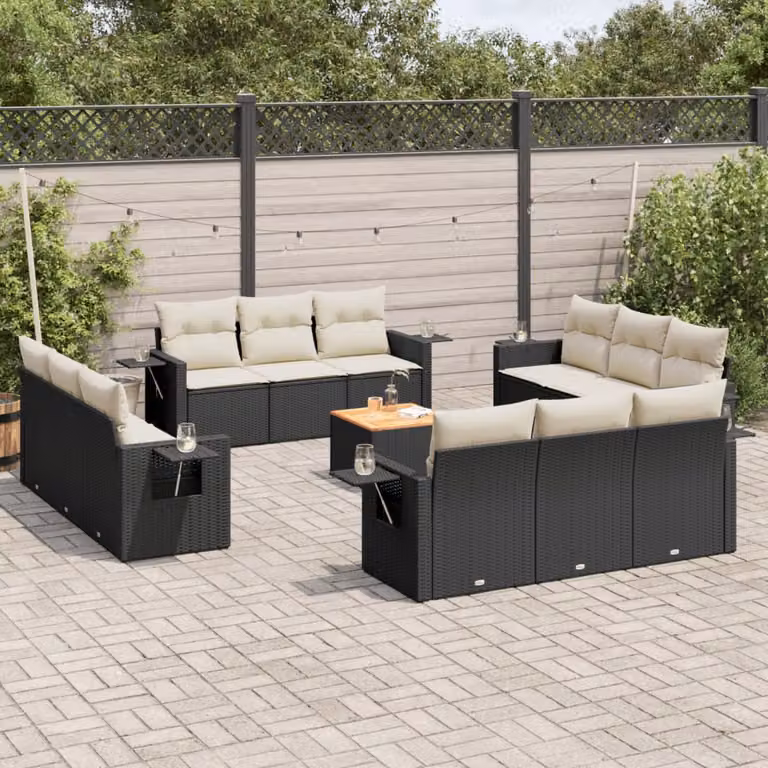 Set di divani da giardino vidaXL a forma di U in polyrattan nero con cuscini e tavolino da esterno