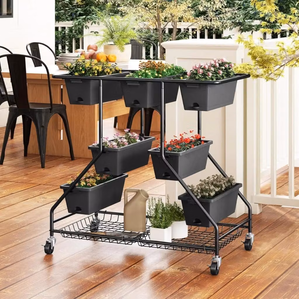 Letto da giardino verticale Design Mania con 7 vasi, portavasi a 3 livelli in metallo e fibra di vetro, colore Nero – 2