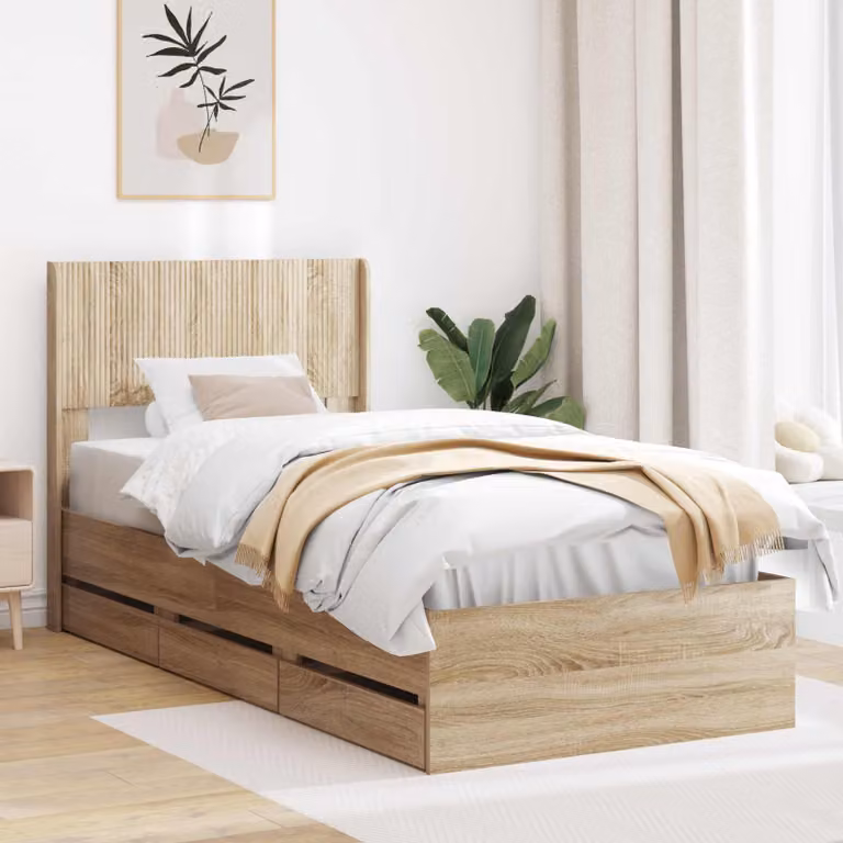 Struttura letto con contenitore e testata vidaXL in legno Rovere Sonoma marrone L 140 x P 100 x H 203 cm
