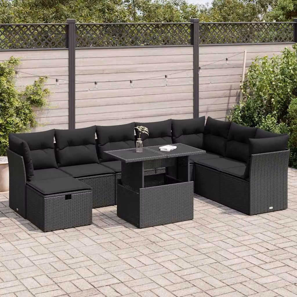 Set di divani da giardino vidaXL in polyrattan nero con cuscini per 9 persone