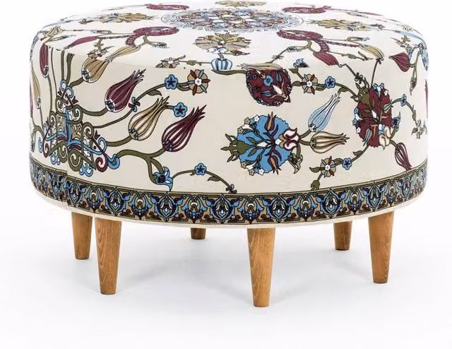 Pouf cilindrico in legno di faggio e tessuto floreale multicolore habitat L: 65 cm, P: 65 cm, H: 40 cm