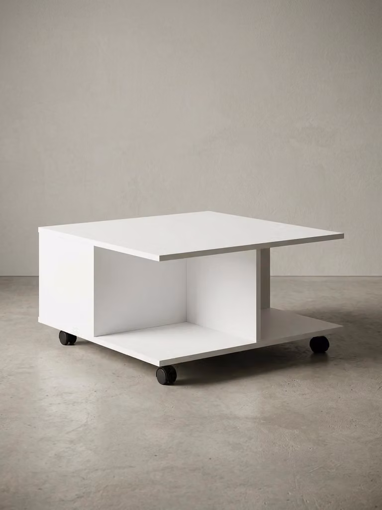 Tavolino design 70x70 cm bianco, tavolino da salotto con 2 cassetti, tavolino da divano con rotelle, tavolino con 2 scomparti