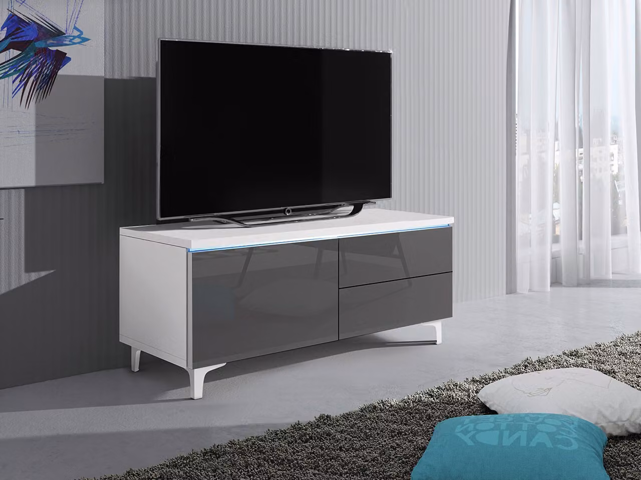 Tavolino per TV su gambe con illuminazione a LED FERNS 11 - bianco / grigio lucido, sinistro