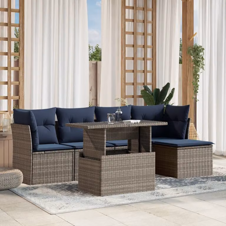 Set di divani da giardino vidaXL a forma di L composto da 6 pezzi con cuscini e tavolino, colore grigio e blu, in rattan e metallo con struttura in acciaio verniciato a polvere
