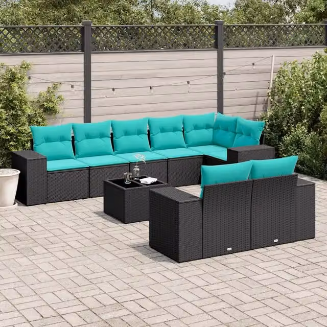 Set Divani da Giardino 9 pz con Cuscini Nero in Polyrattan 3222826