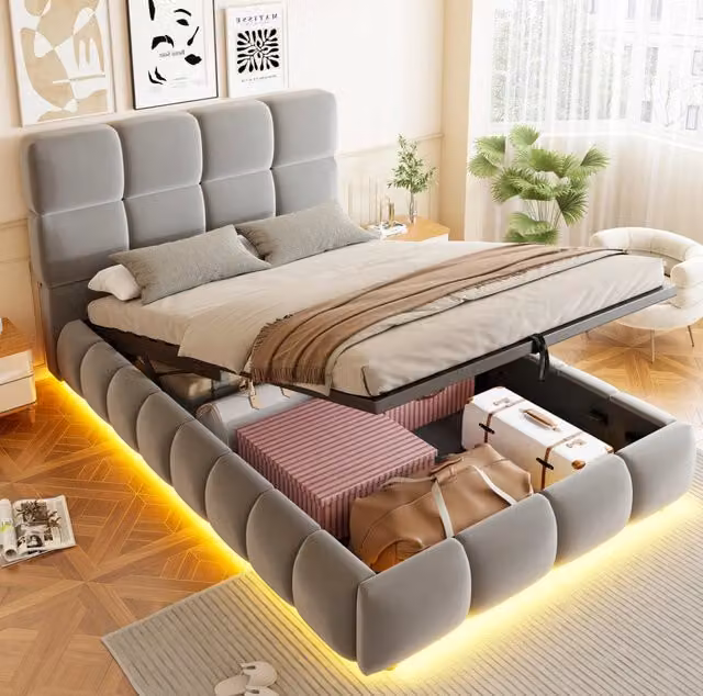Letto imbottito MODFU in velluto grigio con contenitore e illuminazione LED, L/P/H: 90 x 200 cm