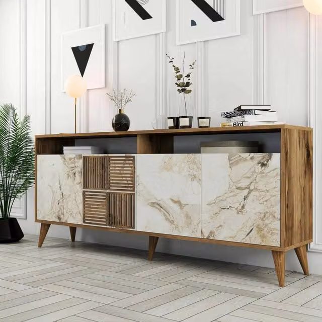 Consolle Jole DMORA, Credenza da soggiorno e base per TV moderna in Noce e Bianco, L: 180 cm, P: 35 cm, H: 79 cm