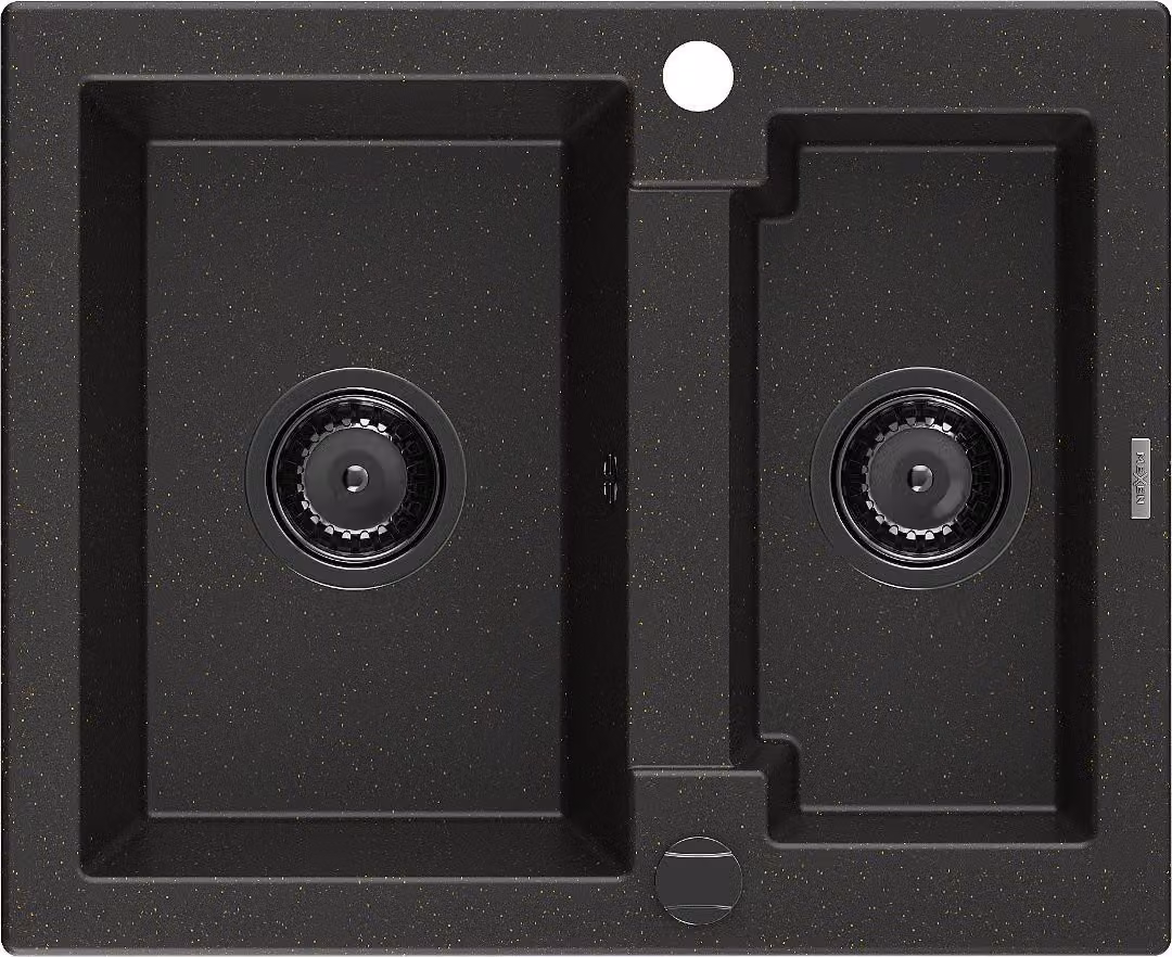Mexen Carlos lavello in granito 1,5 vasche 582 x 475 mm, nero/oro metallizzato, sifone nero - 6518581500-75-B
