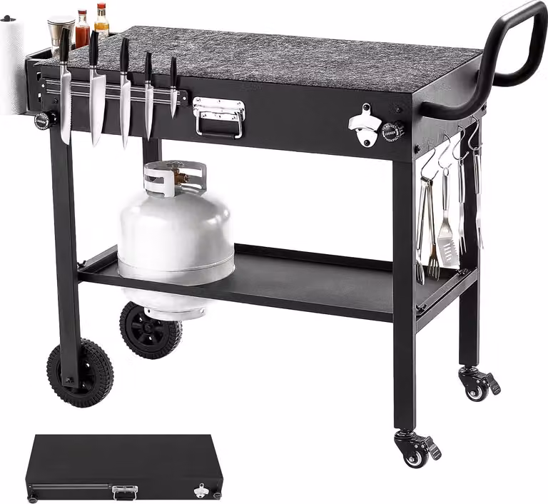 SucceBuy Carrello barbecue da esterno 787x432 mm (dimensioni del piano), tavolo da barbecue pieghevole con porta fazzoletti, ruote e ripiano magnetico per utensili, tavolo da preparazione Carrello da picnic e da cucina