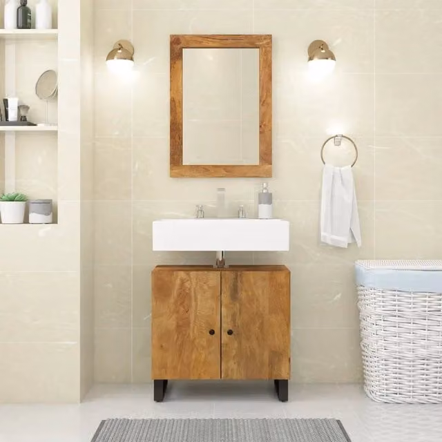 Set Mobili da Bagno vidaXL in Legno di Mango Marrone composto da Mobile Lavabo e Armadietto con Specchio